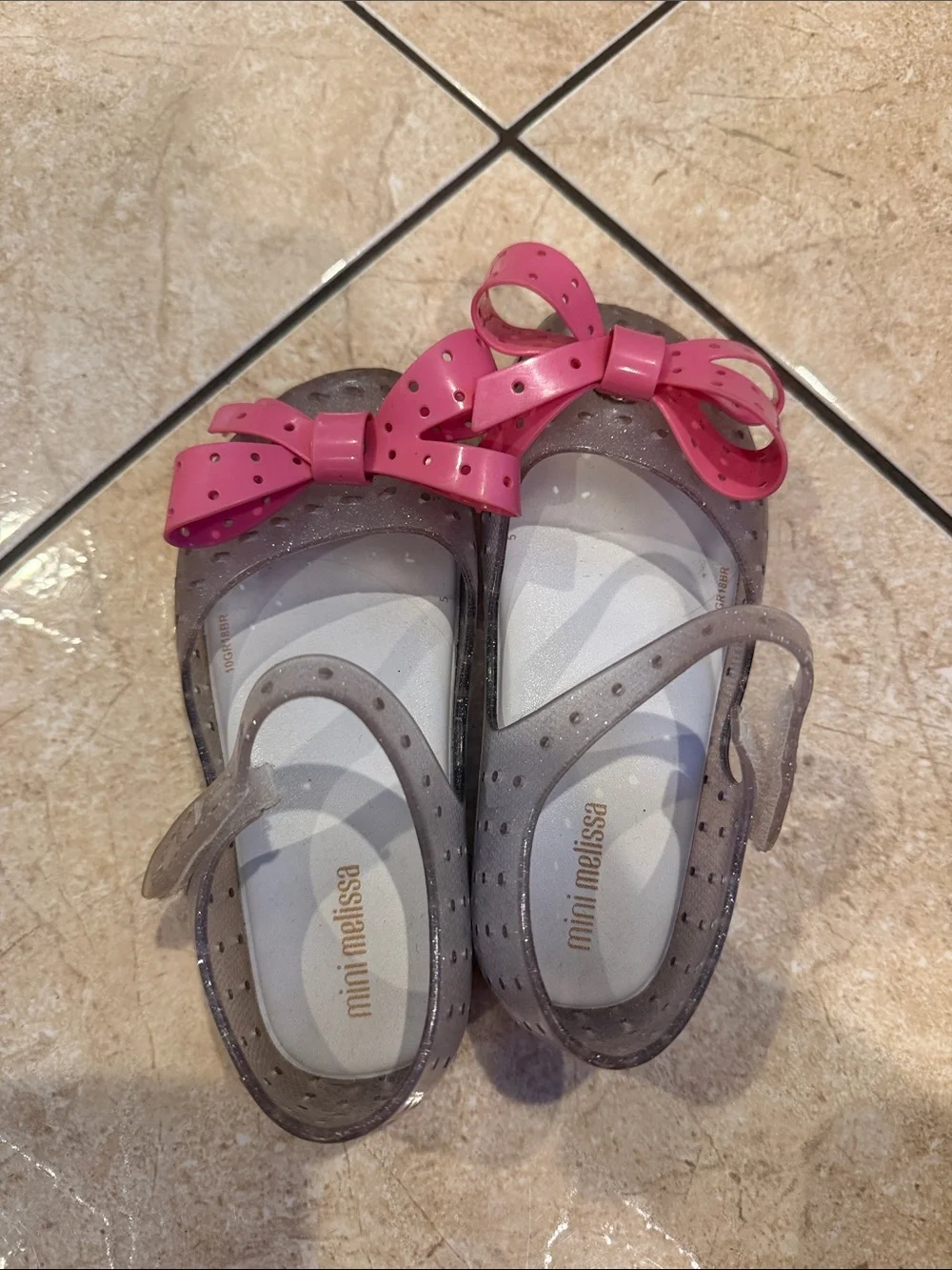 Mini Melissa Taupe Jelly Mary Janes with Pink Bow